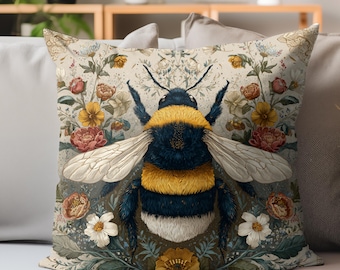 Cojín de abeja, cojín floral vintage de abeja, cojín decorativo estilo tapiz color crema, decoración de insectos estilo cottagecore, acento botánico de la naturaleza
