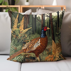 Pheasant Bird Throw Pillow, Woodland Accent Cushion, Nature Inspired Home Decor, Polyester Cushion Cover, Unique Gift For Bird Lovers