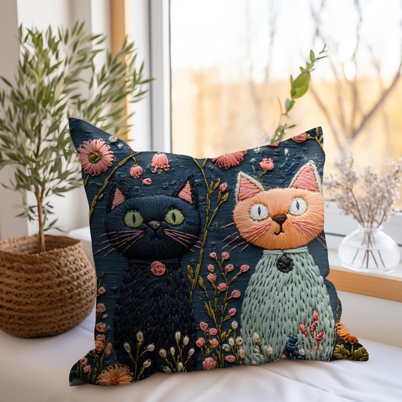 Whimsical Cat Pillow, Faux Embroidery Cat Print Cushion, Floral Kitty Garden Decor, Playful Feline Throw Pillow, Cute Cat Lover Gift image 3