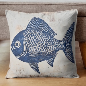 Coastal Blue Fish Throw Pillow, Nautical Accent Cushion, Beach Inspire Decorative Pillow, Unique Gift Idea, Ocean Home Decor