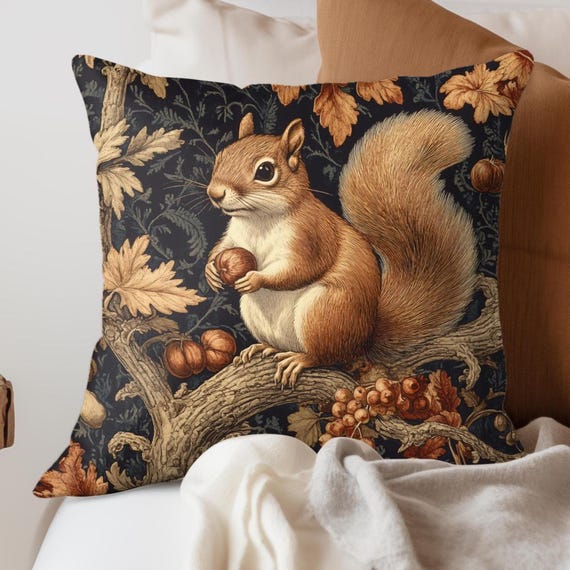 Woodland Squirrel Throw Pillow, Vintage Pillow Cover, Polyester Pillow, William Morris Inspired Pillow, Accent Pillow
