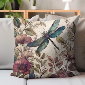 Dragonfly Print Pillow, Vintage Insect Throw Pillow, Cottagecore Floral Cushion, Botanical Nature Decor, Boho Garden Pillow