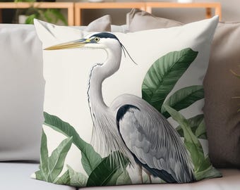 Heron Bird Throw Pillow, Gray Heron Accent Cushion, Botanical Home Decor, Tropical Nature Pillow, Polyester Cover, Ideal Gift For Bird Lover
