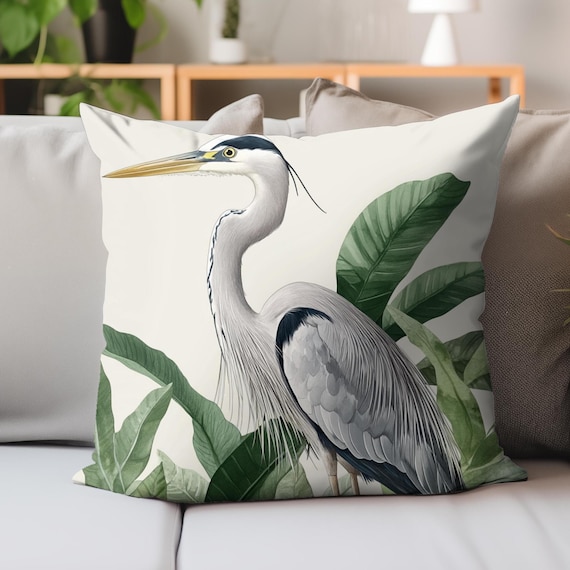 Heron Bird Throw Pillow, Gray Heron Accent Cushion, Botanical Home Decor, Tropical Nature Pillow, Polyester Cover, Ideal Gift For Bird Lover