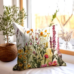 Vintage Wildflower Throw Pillow, Decorative Pillow Case, Boho Polyester Pillow, Floral Cushion Cover, Unique Gift, Accent Pillow image 2