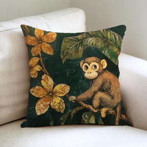 Playful Monkey Pillow Cover, Woven Pillow, Exotic Animal Throw Pillowcase, Jungle-Inspired Home Decor Accent Pillows, Animal Pillowcase