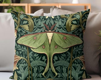 Luna Moth Throw Pillow, Dark Green Floral Cushion Cover, Vintage Insect Accent Pillowcase, Mystical Botanical Decor, Nature-Inspired Art