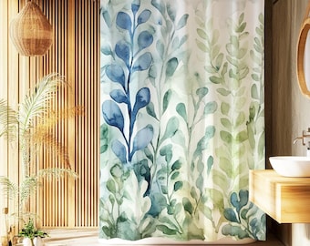 Coastal Watercolor Bathroom Decor, Ocean-Inspired Beach House Curtain, Sage Green & Blue Coral Sea Leaves Shower Curtain,