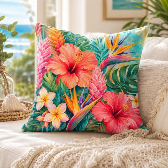 Botanical Pillow Cover, Bright Tropical Floral Pillow, Hibiscus Bird Of Paradise Throw Pillow, Colorful Jungle Accent Pillow