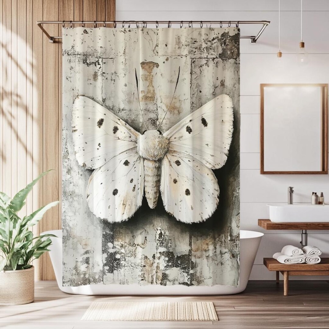 Vintage White Moth Painting Shower Curtain, Gothic Boho Bathroom Decor ...