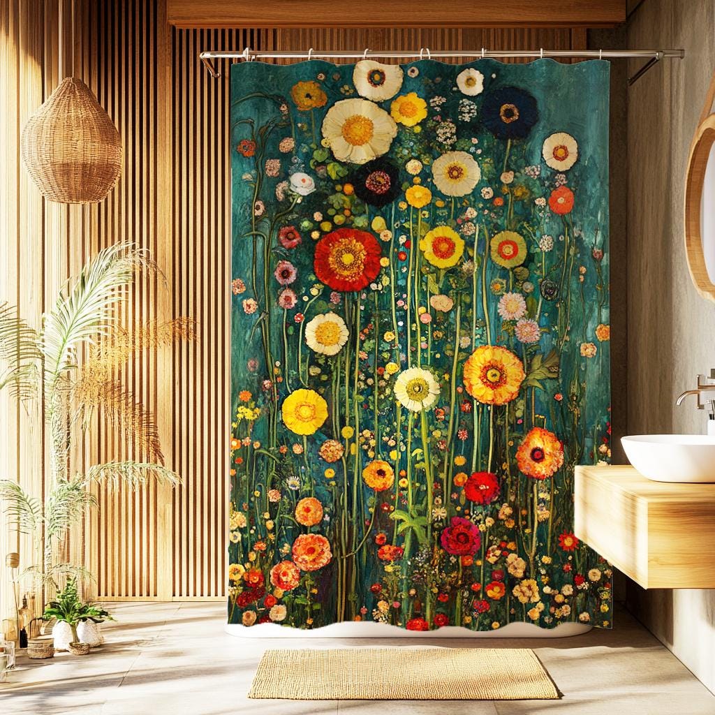 Cottagecore Botanical Shower Curtain, Vintage Flower Garden Bathroom Decor, Retro Nature-Inspired Bath Curtain