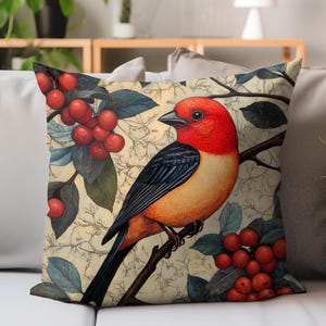 William Morris Style Scarlet Tanager Pillow, Vintage Inspired Botanical Bird Cushion, Elegant Avian Home Accent, Cottagecore Decor