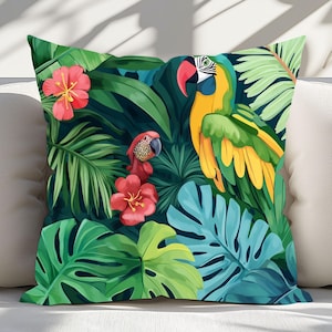 Tropical Parrot Bird Throw Pillow, Decorative Accent Pillow Cover, Colorful Nature-Inspired Home Decor, Gift for Bird Lovers