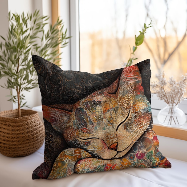 Sleeping Cat Pillow, Retro Batik Cat Throw Pillow, Cozy Feline Decor, Colorful Animal Cushion, Artistic Pet Lover Gift Bild 3