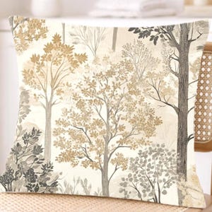 Woodland Forest Trees Pillow, Neutral Nature-Inspired Throw Pillow, Beige Grey Accent Cushion, Botanical Pillowcase, Cozy Rustic Home Decor