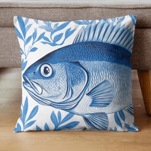 Blue Fish Throw Pillow, Decorative Pillow Cover, Coastal Accent Pillow, Beach House Sofa Pillow, Nautical Cushion Cover, Unique Gift