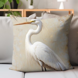 White Egret Art Throw Pillow, Elegant Coastal Bird Cushion, Neutral Nature-Inspired Decor, Textured Wildlife Accent for Beach Homes