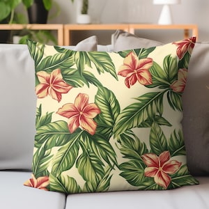 Tropical Floral Pillow, Green Palm Leaf Cushion, Island-Inspired Botanical Throw, Beach House Decor, Best Gift for Summer Lovers