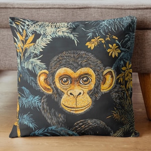 Tropical Monkey Accent Pillow, Jungle Animal Pillowcase, Nature-Inspired Woven Pillow, Boho Throw Pillow Cover, Exotic Nature Home Decor