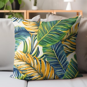 Tropical Palm Leaf Pillow, Bold Jungle Cushion, Green and Yellow Botanical Throw, Island Style Decor, Best Gift for Beach House Lovers
