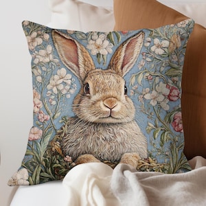 Bunny Vintage Pillow Case, Floral Bunny Accent Pillow, Decorative Pillow, Nature-Inspired Throw Pillow, New Home Gift, Polyester Pillow
