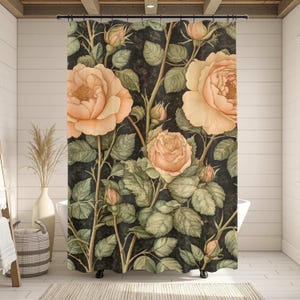 Vintage Peach Rose Shower Curtain, Moody Floral Botanical Bathroom Decor, 71x74 Garden-Inspired Wall Art Panel, Rustic Cottagecore Style