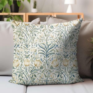 Cream Blue Botanical Throw Pillow, Vintage Floral Pillowcase Only Option, Garden-Inspired Cushion, Cottage Style Decor, Nature Print Accent