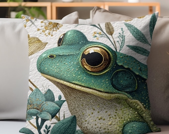 Frog Pillow, Whimsical Botanical Frog Cushion, Nature Creature Throw Pillow, Cottagecore Animal Decor, Green Forest Accent