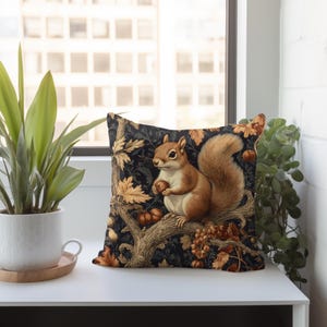 Woodland Squirrel Throw Pillow, Vintage Pillow Cover, Polyester Pillow, William Morris Inspired Pillow, Accent Pillow image 6