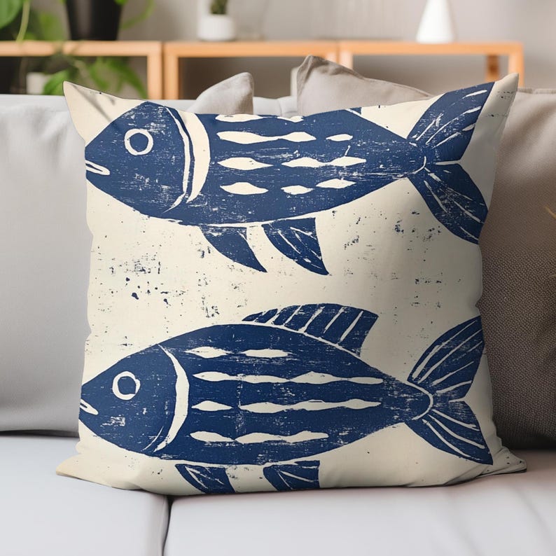 Coastal Fish Throw Pillow, Nautical Couch Cushion, Ocean Theme Home Decor, Beach House Accent, Decorative Polyester Cover, Unique Gift Idea image 1