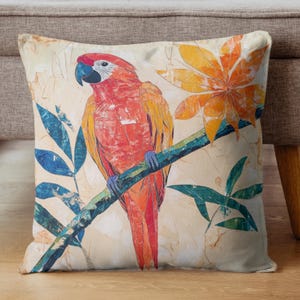 Parrot Bird Accent Pillow, Woven Pillow, Jungle Theme Throw Pillow, Colorful Pillow Cover, Tropical Bird Pillowcase for Home Decor