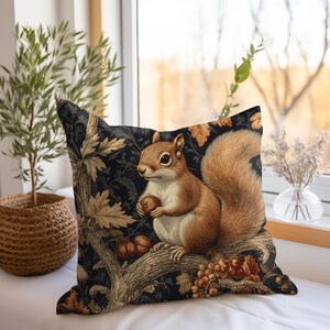 Woodland Squirrel Throw Pillow, Vintage Pillow Cover, Polyester Pillow, William Morris Inspired Pillow, Accent Pillow image 4