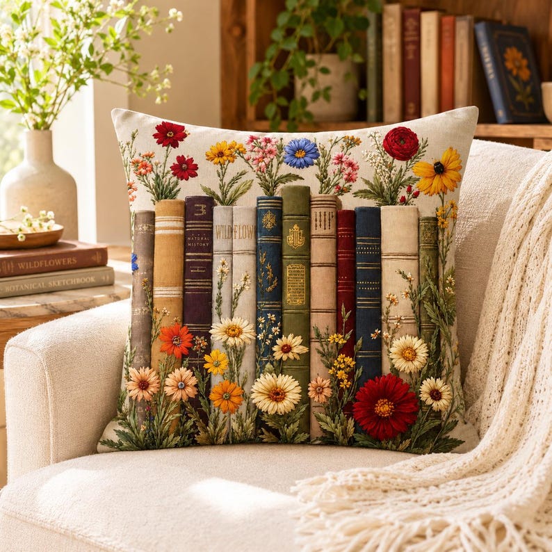 May include: A square throw pillow featuring a detailed embroidered design of a row of vintage books standing upright. The spines are in various colors including blue, green, red, and tan, surrounded by colorful embroidered wildflowers and daisies.