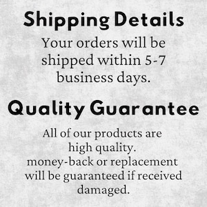 text that provides shipping details and a quality guarantee for the products.