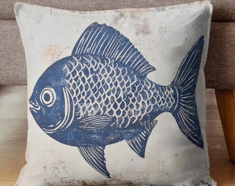 Coastal Blue Fish Throw Pillow, Nautical Accent Cushion, Beach Inspire Decorative Pillow, Unique Gift Idea, Ocean Home Decor