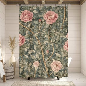 Vintage Rose Shower Curtain, Romantic Pink Botanical Bathroom Decor, 71x74 Climbing Floral Print, Cottagecore Garden Style Panel
