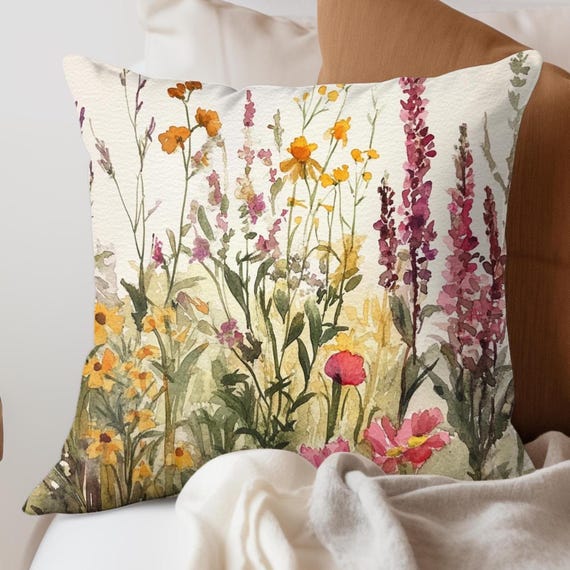 Vintage Wildflower Throw Pillow, Decorative Pillow Case, Boho Polyester Pillow, Floral Cushion Cover, Unique Gift, Accent Pillow