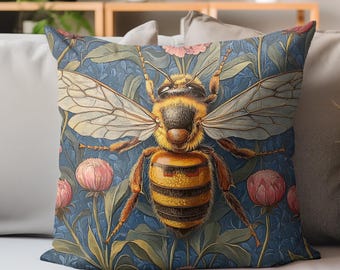 Cojín vintage con diseño de abeja, cojín floral de William Morris, elegante cojín decorativo botánico, manta con temática natural, regalo único para la decoración del hogar.