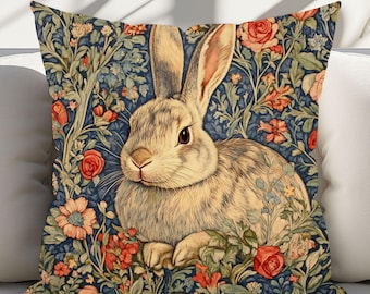 William Morris Inspired Rabbit Bunny Throw Pillow or Cover, Decorative Accent Pillow