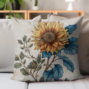 Cojín con estampado de girasoles, cojín floral vintage, cojín botánico estilo cottagecore, decoración rústica natural, acento bohemio veraniego.