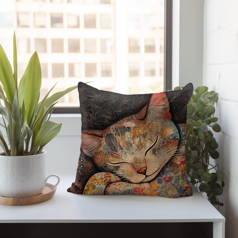 Sleeping Cat Pillow, Retro Batik Cat Throw Pillow, Cozy Feline Decor, Colorful Animal Cushion, Artistic Pet Lover Gift Bild 5