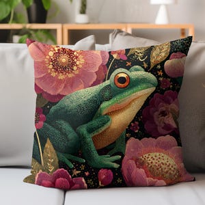Whimsical Frog Pillow, Floral Tapestry Animal Cushion, Cottagecore Nature Throw Pillow, Colorful Garden Decor, Playful Frog Accent