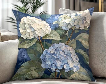 Blue Hydrangea Floral Throw Pillow, Vintage Botanical Cottage Cushion Cover, Garden Inspired Farmhouse Home Decor Accent