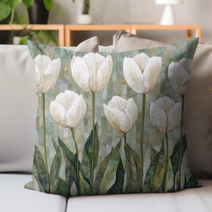 Oreiller tulipe blanc élégant, coussin décoratif botanique doux, coussin floral avec décoration de jardin neutre, touche printanière classique