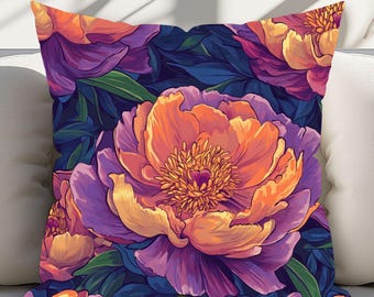 Almofada com Peônias Vibrantes, Almofada Decorativa Floral, Decoração Colorida para Casa, Almofada com Detalhe Botânico, Presente para Amantes da Natureza