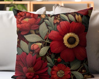 Red Floral Pillow, Vintage Botanical Flower Cushion, Dark Tapestry Style Throw Pillow, Moody Cottagecore Decor, Romantic Garden Accent