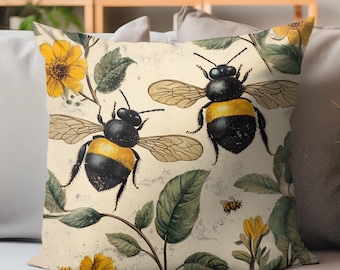 Cojín decorativo vintage con diseño de abejorro, funda de cojín decorativa, cojín decorativo acogedor, decoración del hogar inspirada en la naturaleza, detalle rústico y acogedor para el hogar.