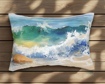 Coastal Wave Lumbar Pillow, Ocean Beach Throw Pillow, Blue Sea Cushion, Nautical Coastal Decor, Sofa Accent Pillow Gift Idea