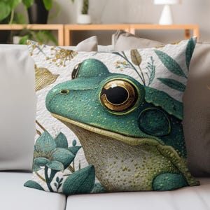 Frog Pillow, Whimsical Botanical Frog Cushion, Nature Creature Throw Pillow, Cottagecore Animal Decor, Green Forest Accent
