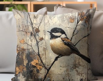William Morris Inspired Chickadee And Birch Pillow, Rustic Nature Cushion, Elegant Floral Accent, Cozy Woodland Cottagecore Decor